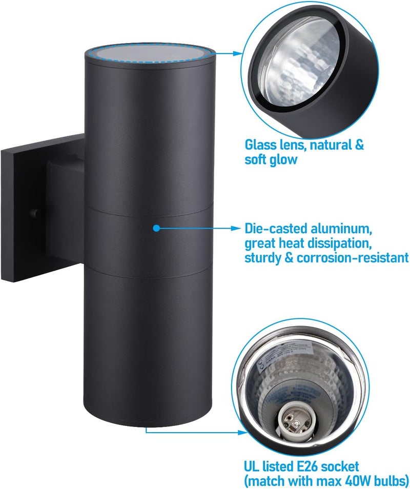 LEONLITE Modern Outdoor Cylinder Wall Lights 12", Porch Light in 2 Lights, Up Down Lights, Matte Black Waterproof Wall Sconce, Aluminum, E26 Base, Exterior Light Fixture Wall Mount, ETL, Pack of 2 - Image 3